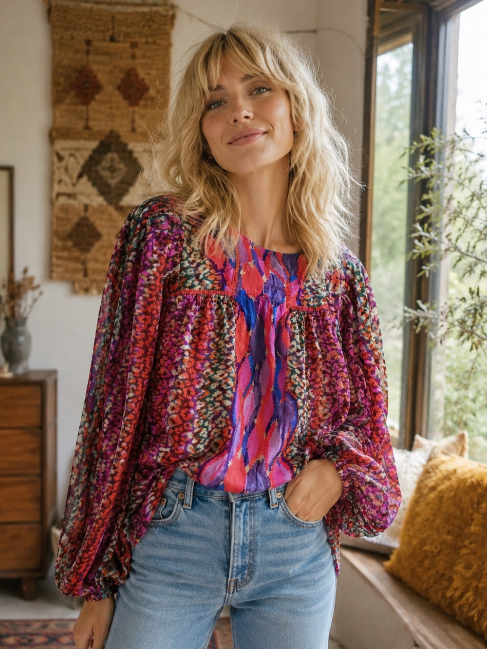 Blank London Sheer Boho Puff Sleeve Top Size Small Colorful Peasant Blouse
